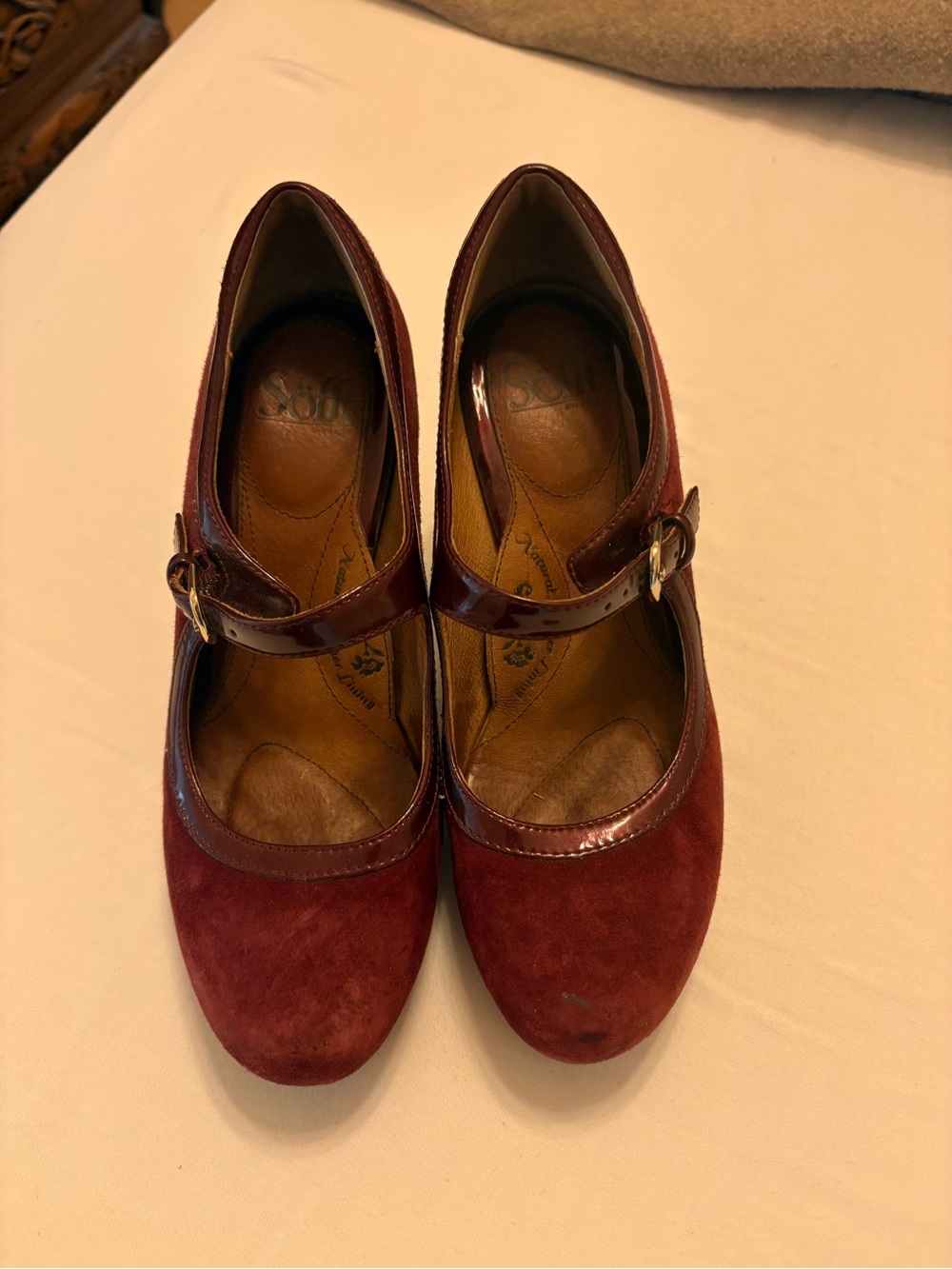 Sofft Burgundy Suede Mary Jane Pumps with Patent Trim